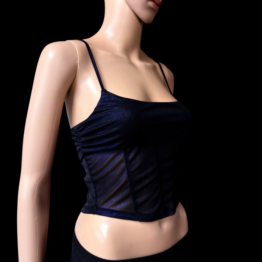 Y2K Shimmer Corset Crop Top Blue Metallic Cami Womens S Disco Cybercore Festival - Picture 10 of 12